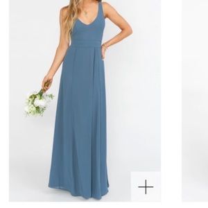 Mumu Weddings- Bridesmaids Dress in slate blue chiffon (with tags)